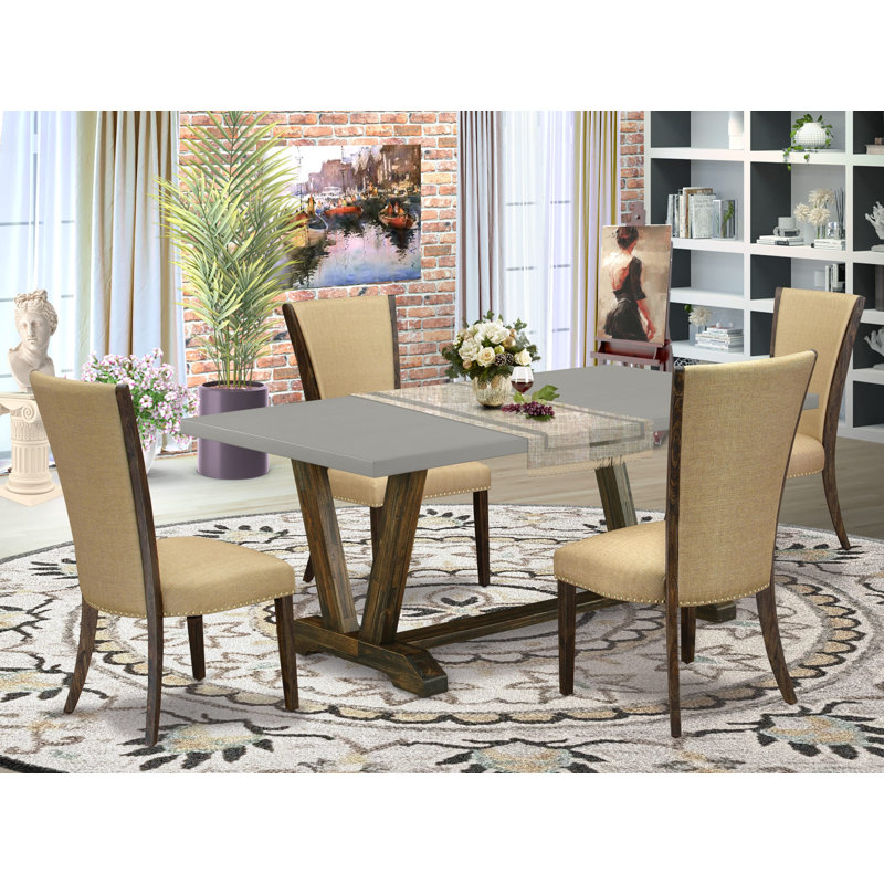 L'ensemble de table de salle à manger 5 pièces se compose d'une table moderne en ciment et de 4 chaises de cuisine en tissu de lin brun à haut dossier - Finition jacobine délavée
