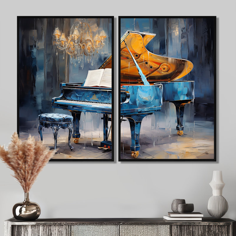 Piano Rhapsody In Blue - impressions d'art bleues sur toile, 36" H x 48" W, Impression encadrée flottante, Black