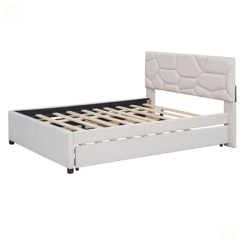 Lit plateforme avec tête de lit à motif brique et tiroirs, Beige