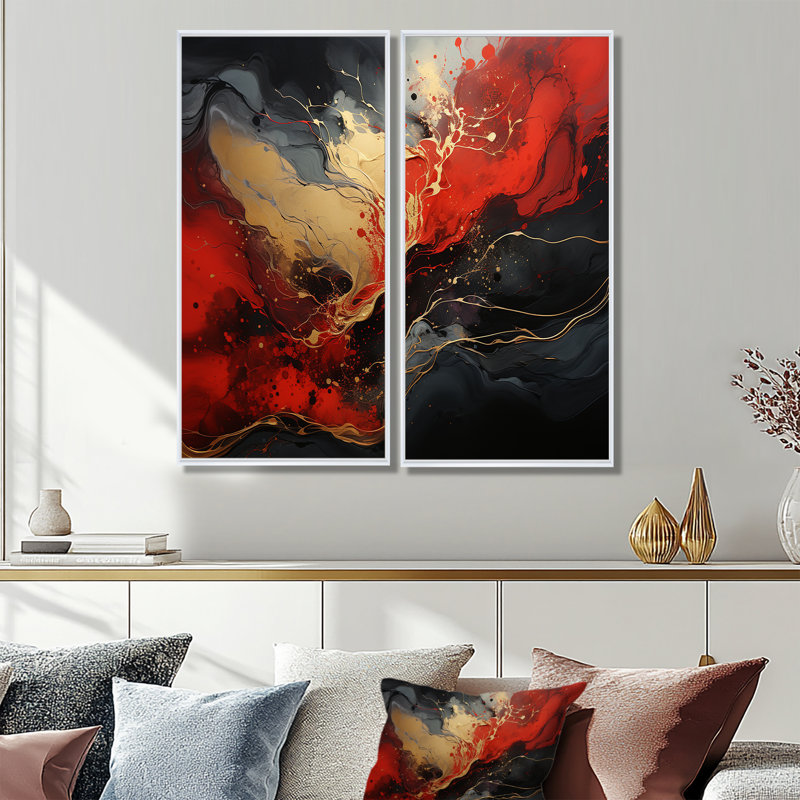 Rouge et rouge marbre volcan II - art mural moderne, 32" H x 32" W, Impression encadrée flottante, White
