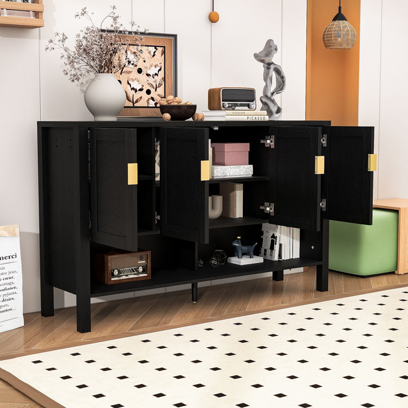 Modern Sideboard with Adjustable Shelves and Open Storage, Black