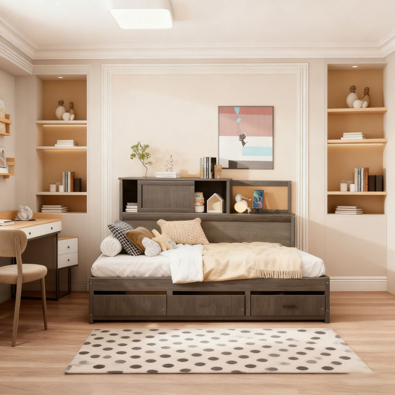 Wooden Daybed with 3 Storage Drawers, Upper Soft Board, shelf, and a set of Sockets and USB Ports, Gray, Twin