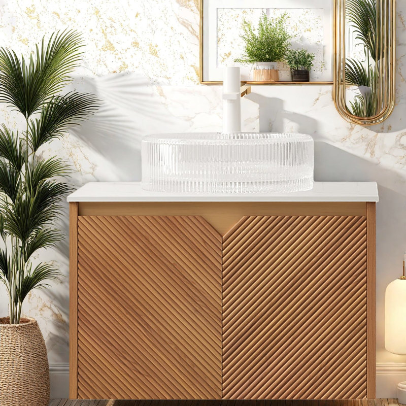 Meuble-lavabo moderne flottant avec lavabo en verre, style grain de bois chêne