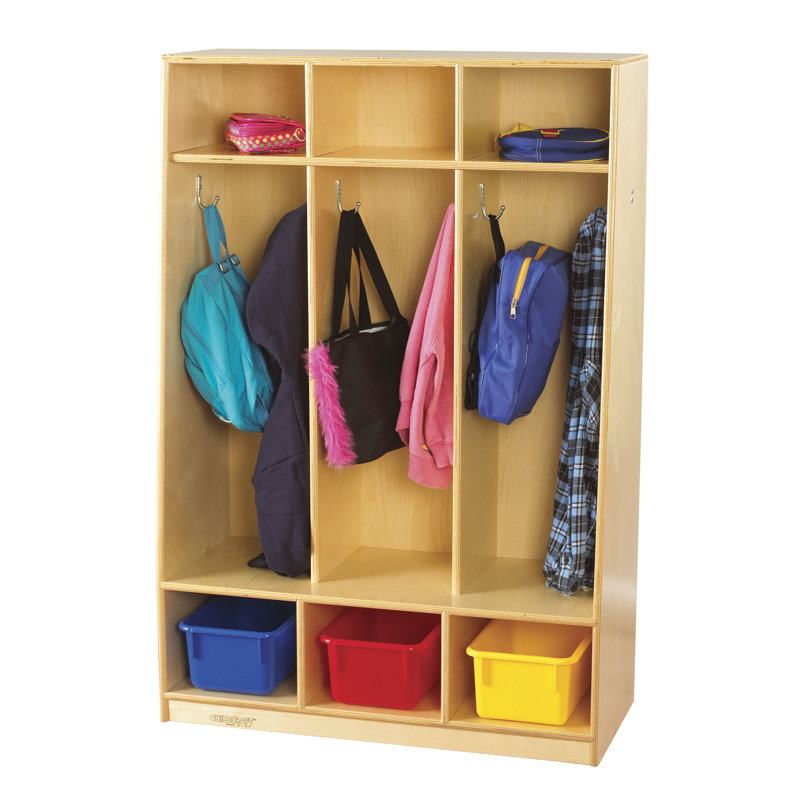 Birch Veneer 3-Tier Cubby Coat Locker with Aluminum Hooks