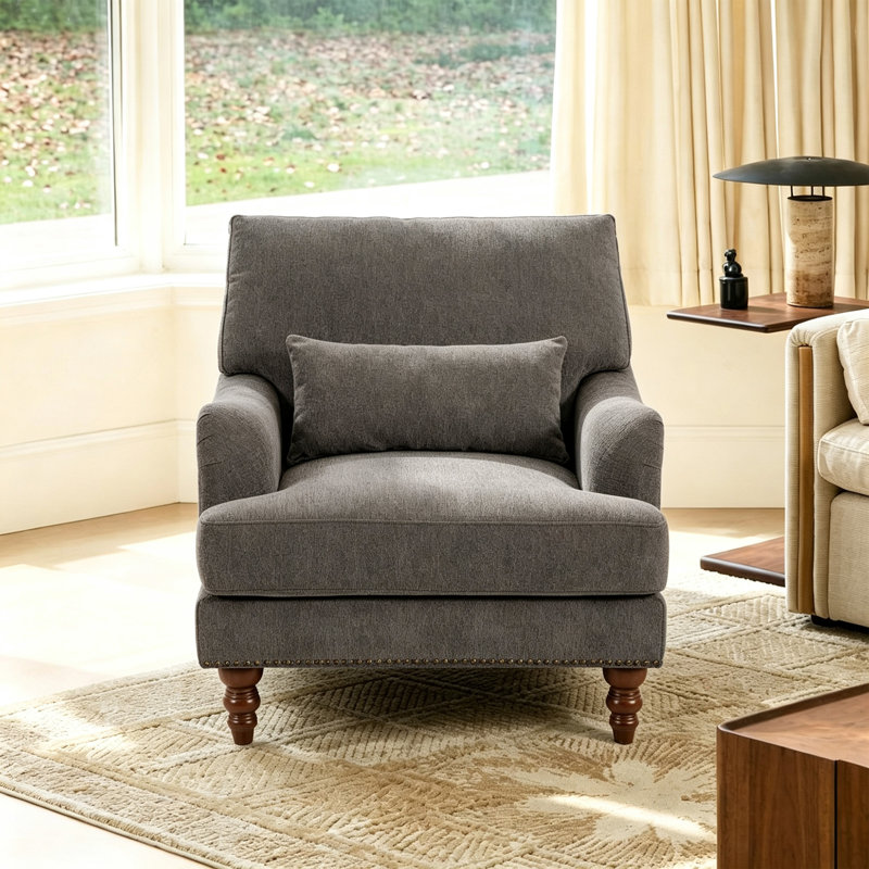 Upholstered Tan Nailhead Trim Accent Chair with Throw Pillow and Solid Wood Legs, Tan Chenille