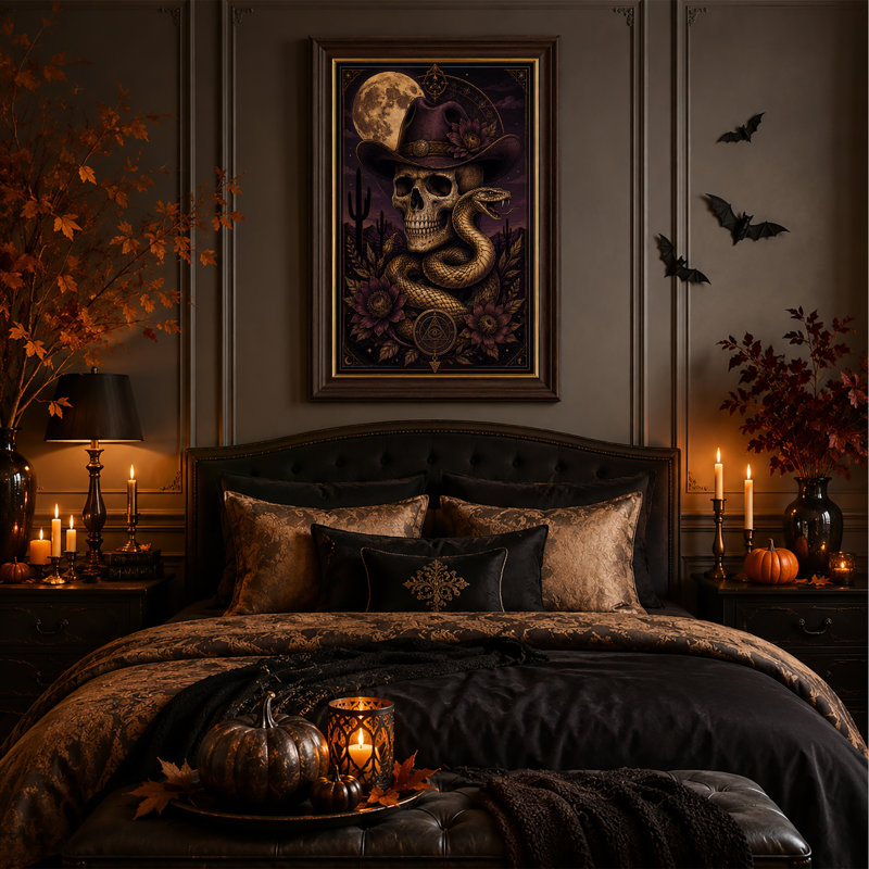 Art mural sur toile, grand crâne de lune avec chapeau de cowboy, H 18 po x l 12 po