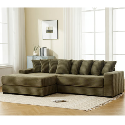 Élégant velours côtelé en forme de L avec méridienne gauche et 8 coussins décoratifs confortables