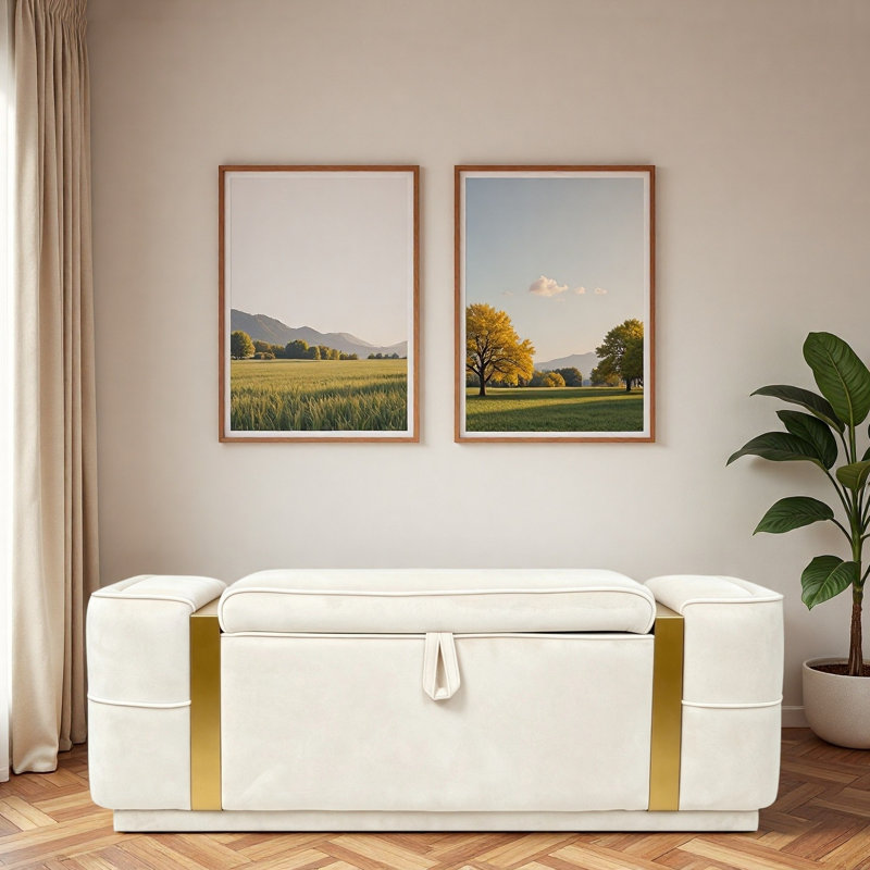 Banc ottoman moderne rembourré avec compartiment de rangement dissimulé, couvercle rabattable et bandes décoratives en métal doré