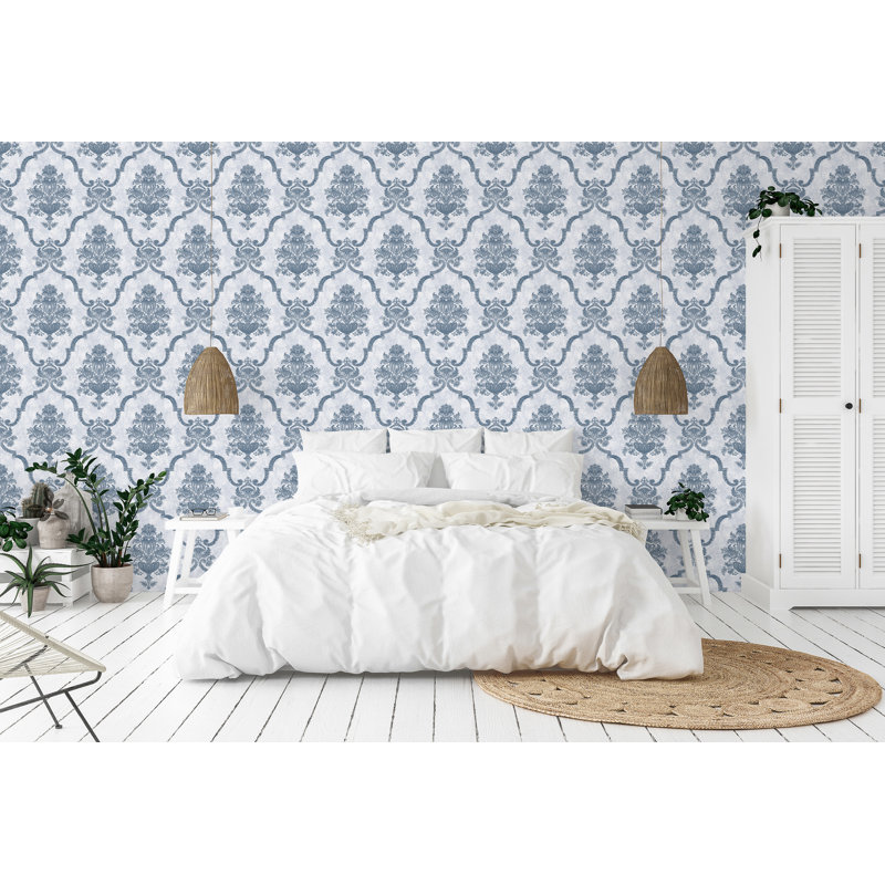 Azulejo Large Baroque Damask 33' L x 21" W Wallpaper Roll, Chalky Blue