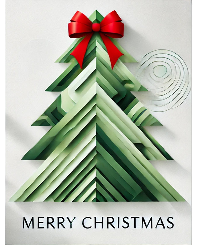 Layered Green Christmas Tree with Red Bow Modern Wrapped Canvas Wall Art, 16" H x 12" W x 1" D