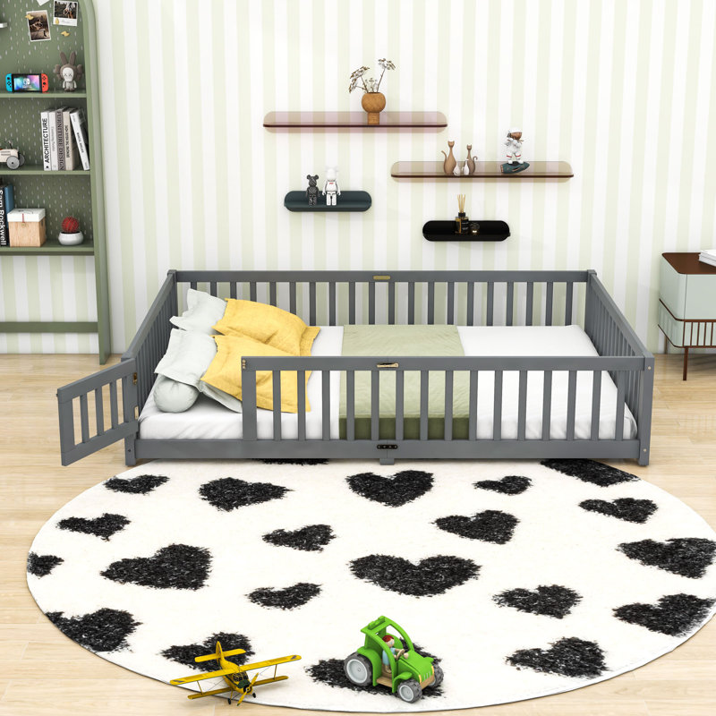 Floor Bed With Guardrails, Door And Sturdy Slats, Queen, Gray
