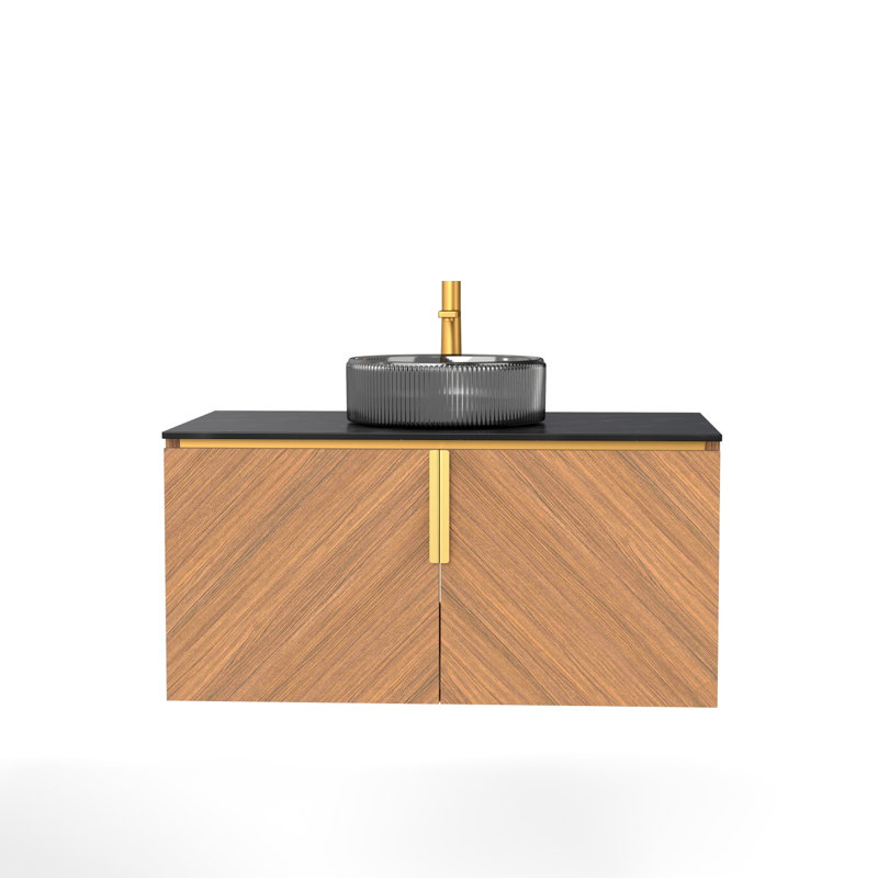 Meuble-lavabo mural 36 po avec portes doubles et lavabo en verre