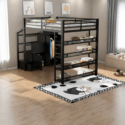 Space-saving Metal Loft Beds With Storage Shelves And Wardrobe, Modern Style