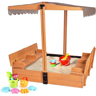 47.2" x 47.2" Kids Sandbox with Canopy, Foldable Sand Box with Cover & Bench Seats, Children Outdoor Wooden Playset, Upgrade Retractable Roof