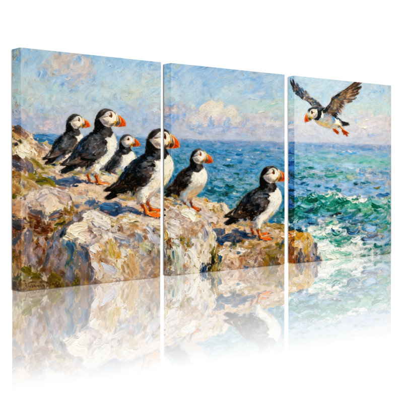Oiseaux macareux sur un rivage rocheux avec vue sur l'océan, ensemble de 3 impressions sur toile, H 18 po x l 36 po