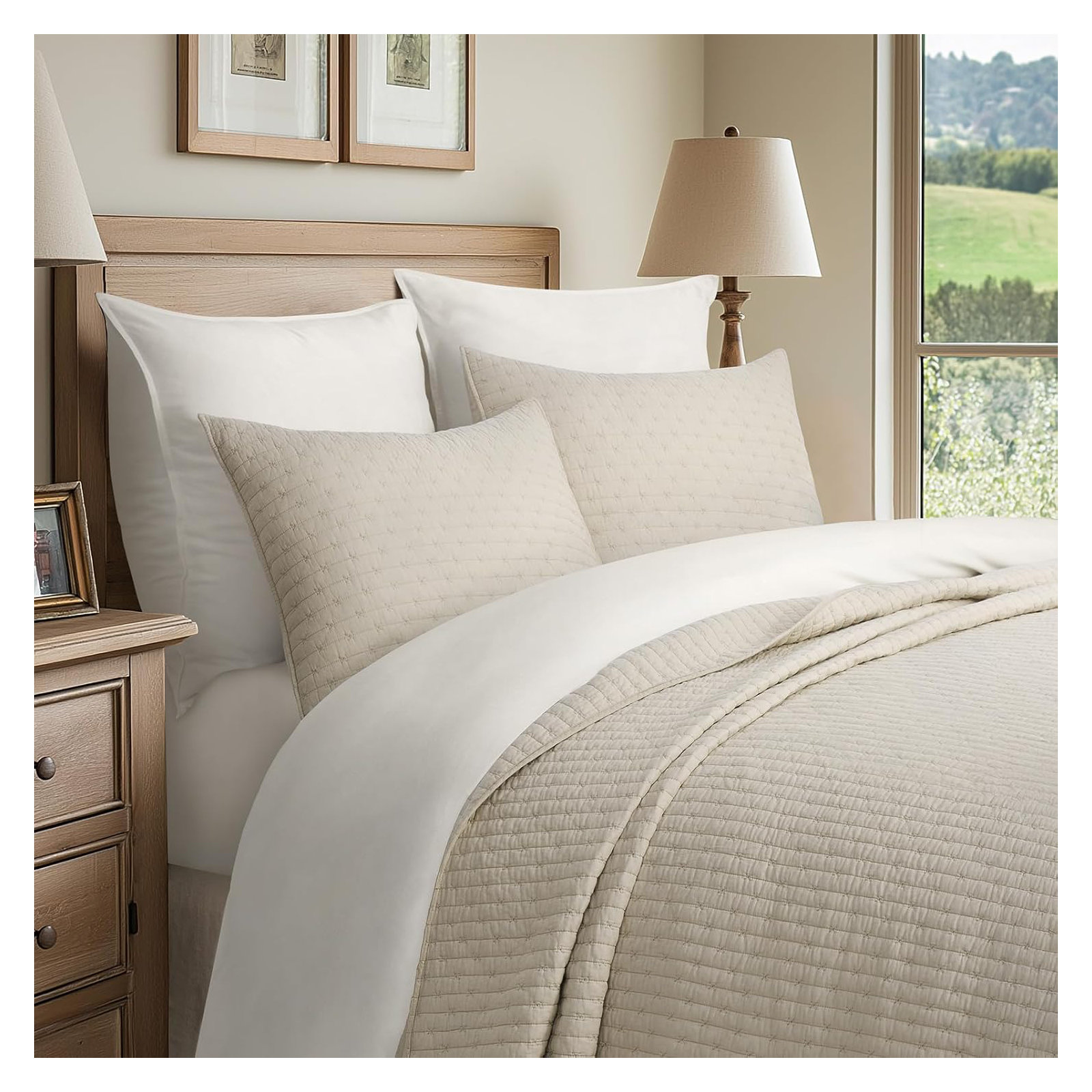 Cross Stitch Cotton Quilt set, Flax Beige, Oversized CalKing Quilt+2Oversized Cal King Shams