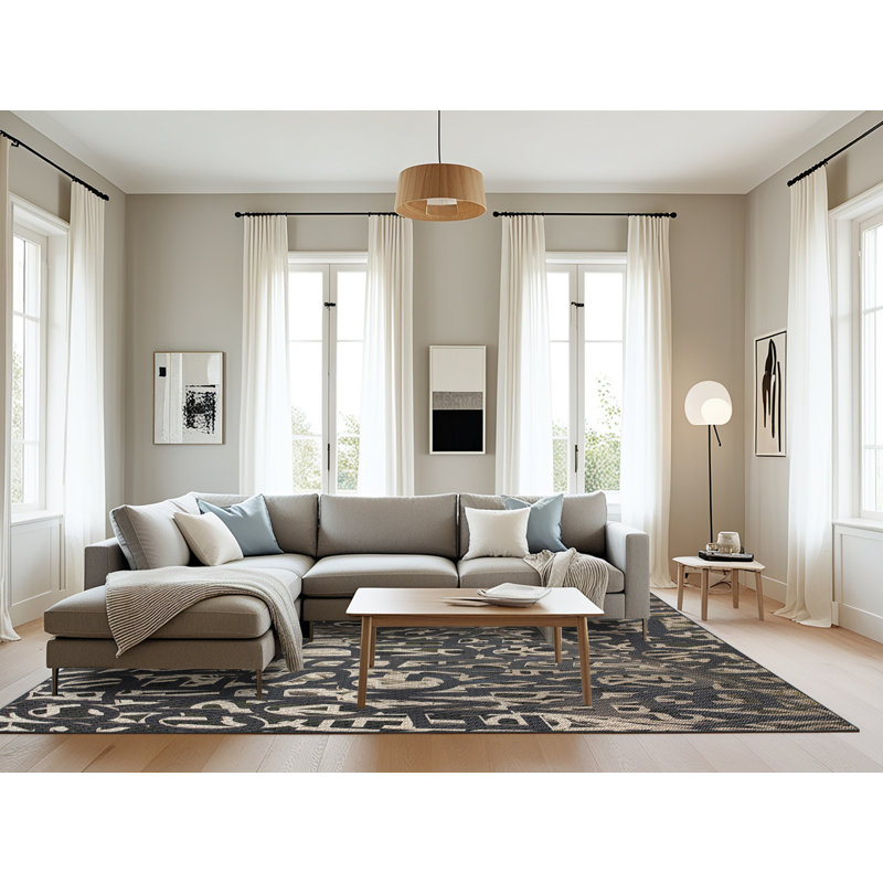 Tapis noir/blanc cassé tissé à la machine, Rectangle 8 pi x 10 pi