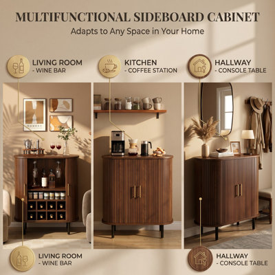 Armoire à vin cannelée de 28 po avec support à vin à 8 grilles, 5 tablettes réglables à 5 niveaux, 2 porte-verres, portes à tambour coulissantes, 4 espaces de rangement cachés sur le côté, station de café moderne, noyer