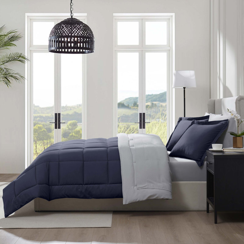 Bed-in-A-Bag Reversible Comforter Set with Bed Sheets, Navy, Full Comforter + 7 Additional Pieces