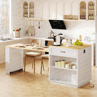 K&K 82.7 Inch Kitchen Island With Extendable Dining Table For 4-6 Person,Two-Tone Kitchen Table With Double-Sized Storage, Power Outlet, Kitchen Island With Storage 2 Drawers 2 Side Open Shelves,White