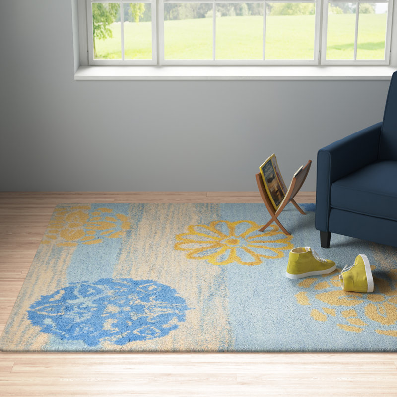 Tapis bleu / beige en laine touffeté à la main Chanler, Rectangle 3 pi 6 po x 5 pi 6 po