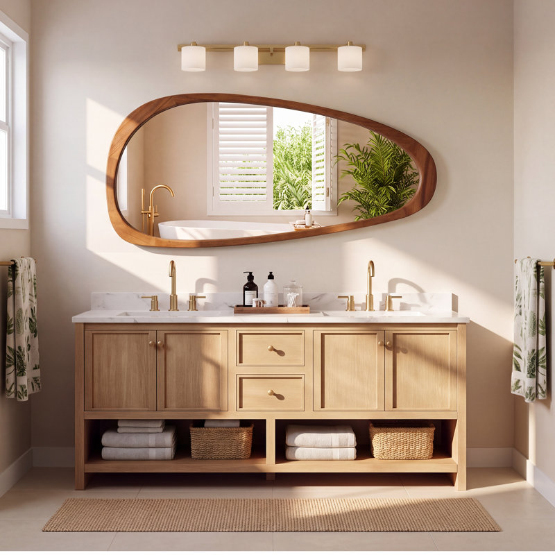 Grand miroir mural décoratif asymétrique de conception moderne organique avec cadre en bois massif - idéal pour un mur de galerie ou un salon, 48 po x 22 po