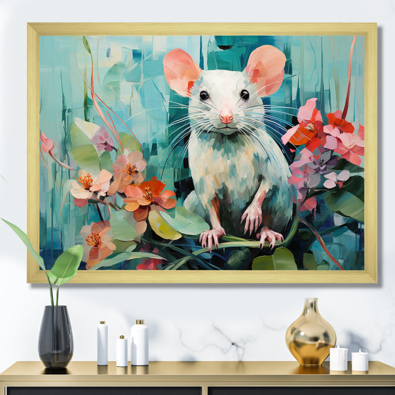 «Green Curious Rat Blooms» - souris, art mural, Cadre doré à coins fermés, H 34 po x l 44 po x P 1,5 po