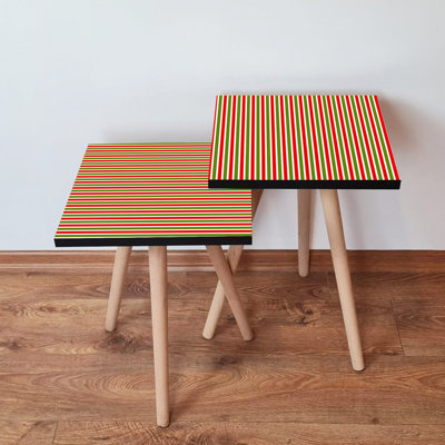 Modern Nesting Tables (2 Pieces), Striped Red, Green  White, 13.8 x 18.5 x 13.8 in (Big)  13.8 x 16.5 x 13.8 in (Small) | 100% MDF with Beech Wood L
