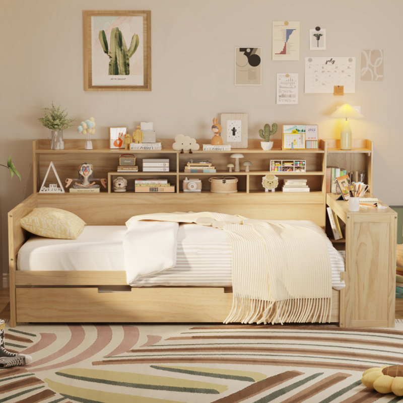 Lit de jour en bois avec tablettes de rangement, lit multifonctionnel avec lit gigogne simple et bureau d'étude