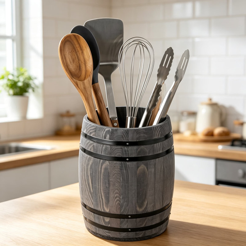 Pot à ustensiles de cuisine en bois massif avec baril de vin