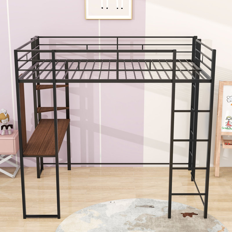 Full Metal Loft Bed With Integrated Desk And Shelves, Black