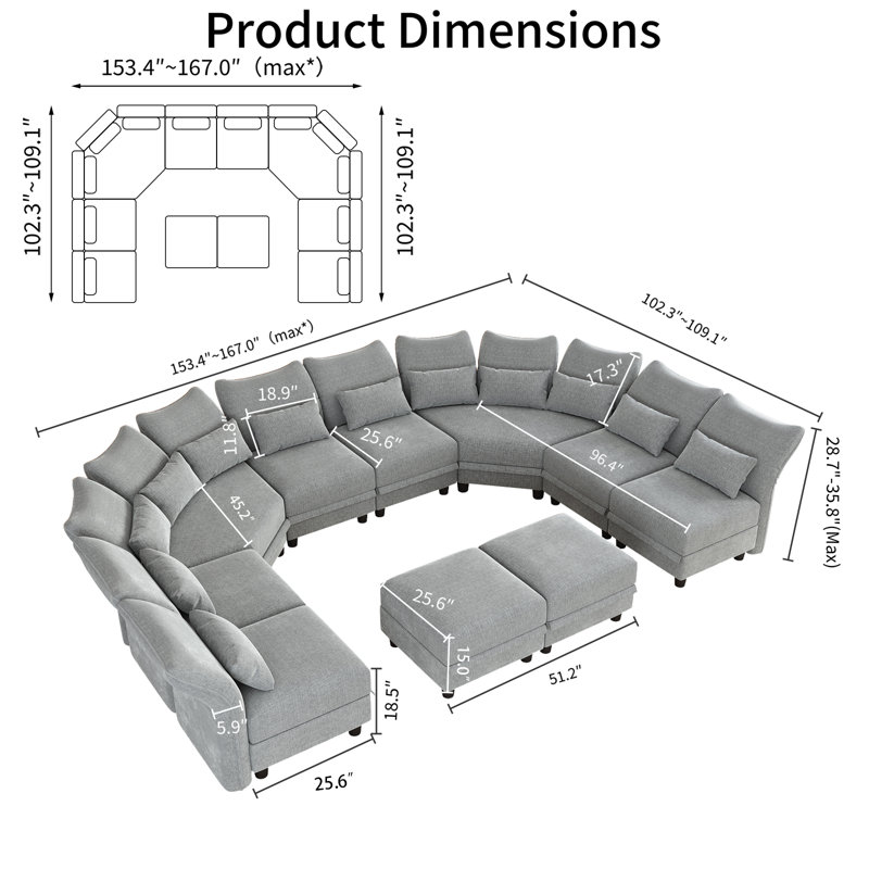 Bernel 130" Wide Chenille Modular Sectional with Ottoman, Light Gray Microfiber/Microsuede