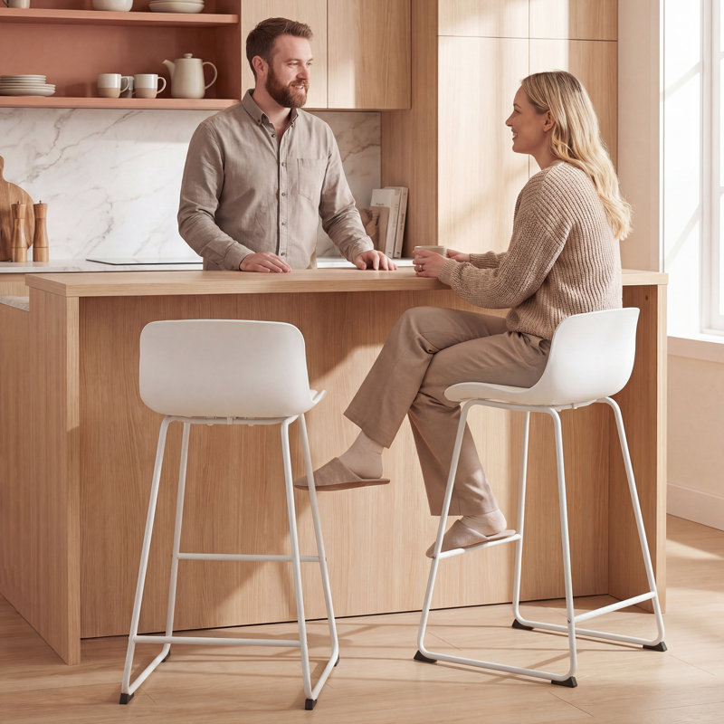 Ensemble de 2 tabourets de bar modernes en cuir polyuréthane, blanc, Blanc