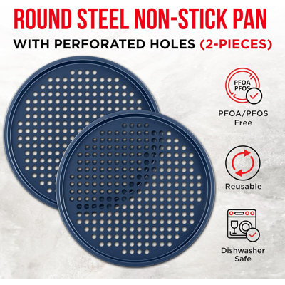 Ensemble de 2 casseroles à pizza Bakken - Acier au carbone perforé rond avec revêtement antiadhésif en marbre, poignée en silicone bleu, durable et facile à nettoyer