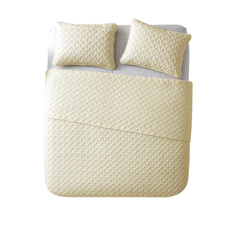 Ensemble de courtepointe à tissage de panier Nina, Couvre-lit double / grand + 2 taies décoratives, Ivoire