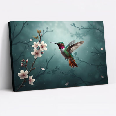 Art mural sur fond colibri planant près de fleurs blanches sur fond bleu sarcelle