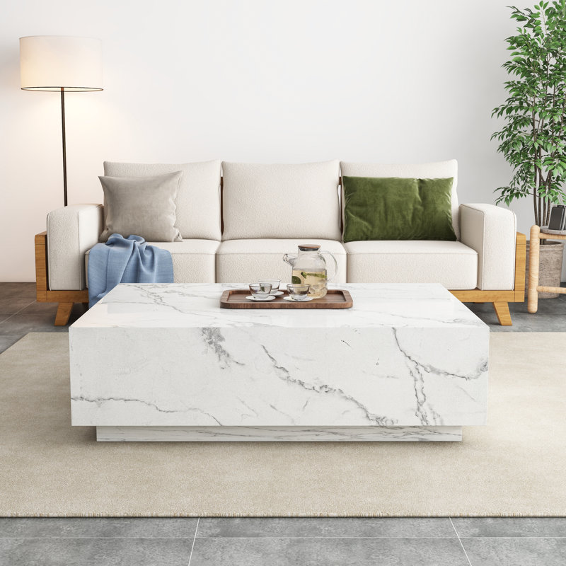 Klusek 47'' Faux Marble Modern Block Coffee Table, White/Grey