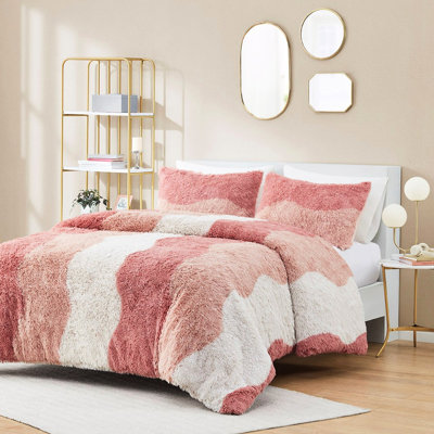 Édredon pour lit simple / simple TG avec fausse fourrure à poils longs, rembourrage, rayure ondulée ton sur ton, revers doux, tissu nettoyant pour les taches