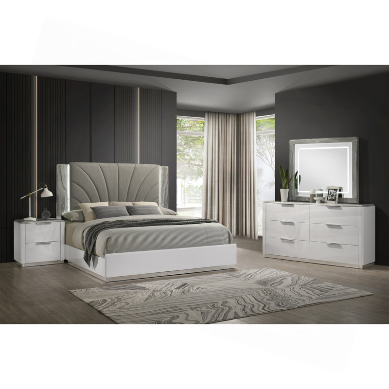 Lit plateforme très grand moderne avec tête de lit tapissier à DEL, finition laquée blanche et détails gris grain de marbre blanc