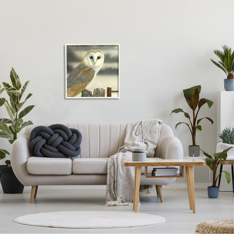 Barn Owl Gazing Perched Niveous Rural Fence by Alan Weston - Floater Frame Painting on Canvas, 24" W x 24" H