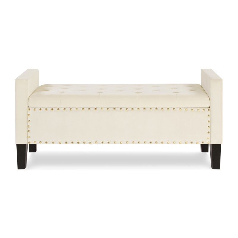 Upholstered Tufted Button Storage Bench with nails trim,Entryway Living Room Soft Padded Seat with Armrest,Bed Bench-, Cream