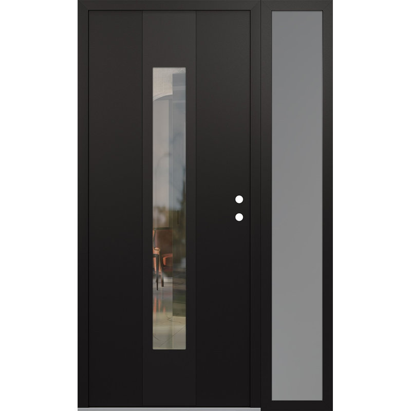 Porte d'entrée avant à panneau en acier avec panneau latéral gauche, L 53,25 po x H 81,69 po, Noir, Transparent