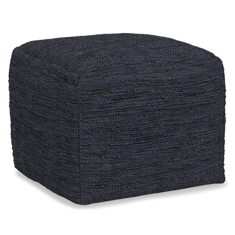Fredrik 18"W Genuine Woven Leather Boho Square Pouf in Black with Polystyrene Filling, Dark Blue Genuine Leather