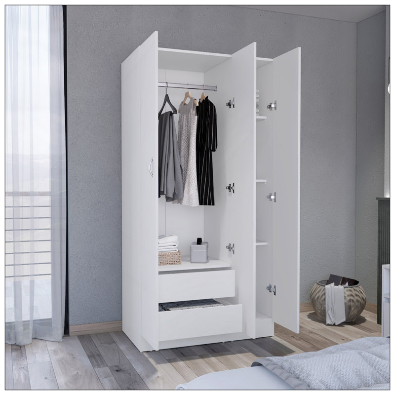 Armoire penderie 71H avec 3 portes et 2 tiroirs intérieurs, 3 portes, blanc, Blanc