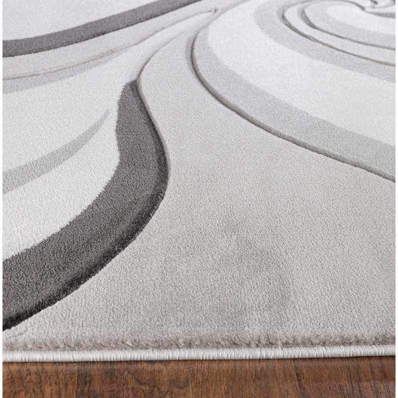 Tapis moderne à motif de tourbillons sculptés à la main gris argenté moelleux