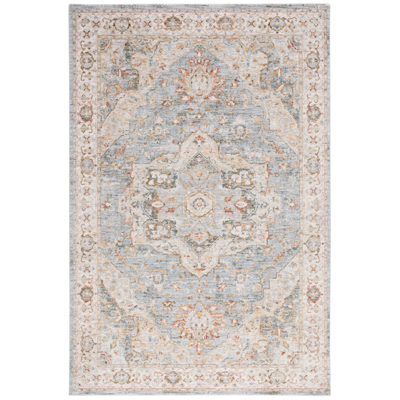 Tapis oriental en polyester bleu / gris Xanthi, Rectangle 5 pi 3 po x 7 pi 6 po