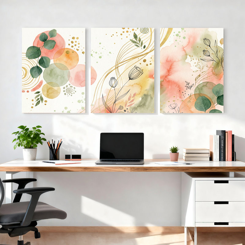 Abstrait art floral aquarelle sur toile tendue ensemble de 3 pour salon chambre à coucher, H 18 po x l 36 po