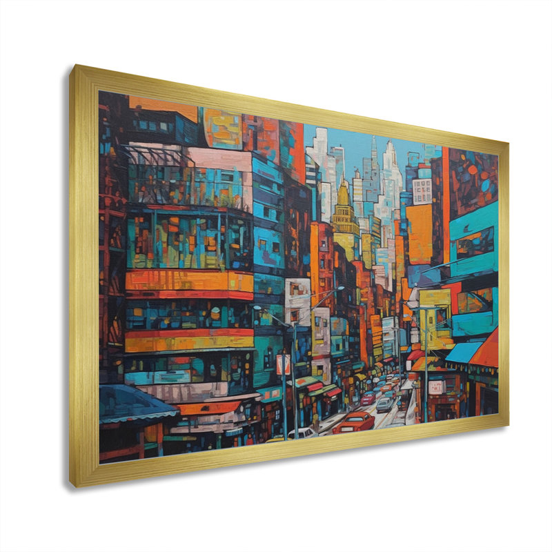 «Orange and Blue Metropolitan Marvels», reproduction sur toile encadrée, H 30 po x l 40 po x P 1,5 po, Encadrement doré
