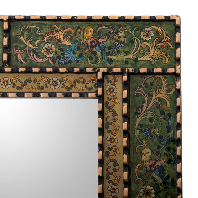 Erzsi Solid Wood Rectangle Mirror, Green/Gold