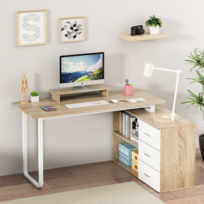 54'' W Reversible L-Shaped Desk with Computer Monitor Riser Stand, Natural/White